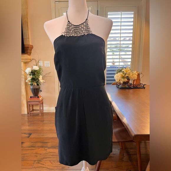 Sheri Bodell Black Silk Halter Mini Dress S Metal Ring Detail Tribeca Glam NWT - Picture 3 of 9